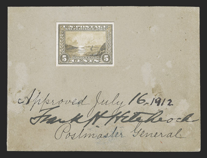 399-E1, 5c Panama-Pacific, designers model consisting of a single photo of wash frame and vignette as adopted with hand touch-up in wash done on the vignette, mounted on thick
grey card measuring 97x73mm, inscribed and signed Approved July. 16