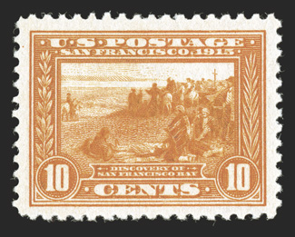400A, 10c Panama-Pacific, orange, well centered within extravagantly large margins, deep color and a strong impression on fresh white paper, o.g., n.h., extremely fine 1996 PF
certificate.