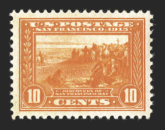 400A, 10c Panama-Pacific, orange, especially well centered and margined, brilliant color and a strong detailed impression, o.g., lightly hinged, extremely fine 2010 PSE
certificate (XF-Superb 95 SMQ $355.00).
