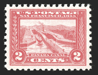 402, 2c Panama-Pacific, perf. 10, wonderfully well centered amid large balanced margins, bright fresh color, pristine o.g., n.h., extremely fine 2004 PSE certificate (XF-Superb
95 SMQ $950.00).