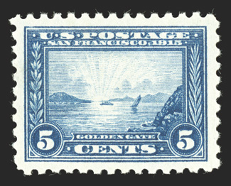 403, 5c Panama-Pacific, perf. 10, excellent centering within lavishly large margins, lovely bright color, o.g., lightly hinged, extremely fine 2004 PSE certificate (XF-Superb
95 SMQ $310.00).