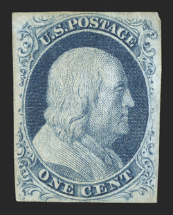 9, 1c Blue, Ty. IV, ample to full margins around, strong color and impression, o.g., very fine 1998 PF certificate.