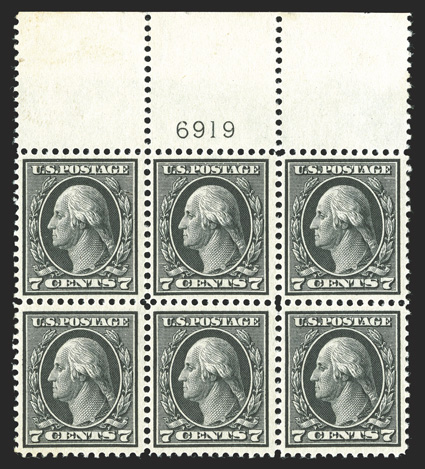407, 7c Black, an extraordinary quality full top margin plate no. 6919 block of six, exceptionally well centered for this notoriously difficult plate block, intense color and
sharp impression on fresh white paper, strong and intact perforations,