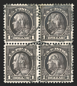 414-23, 8c-$1.00 Franklin select used blocks of four, rich colors on fresh paper, most quite lightly cancelled, 20c with a pulled corner, otherwise fine-very fine a difficult
set to assemble.