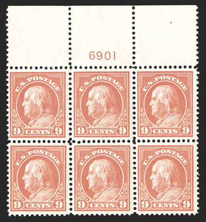 415, 9c Salmon red, highly select full top margin plate no. 6901 block of six, wonderfully well centered, crisp and intact perforations, strong color and impression on fresh
paper, o.g., top left pair l.h., the rest n.h., extremely fine and hand