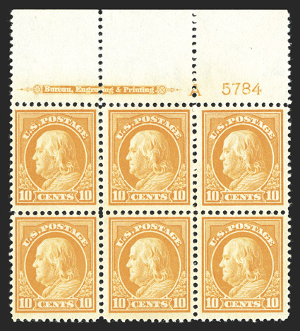 416, 10c Orange yellow, lovely full top margin imprint, letter A and plate no. 5784 block of six, particularly well centered and margined, bright and fresh, strong and intact
perforations, o.g., center pair l.h. and the others n.h., choice ver