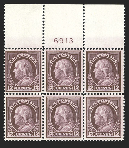 417, 12c Claret brown, impeccable full top margin plate no. 6913 block of six, wonderfully well centered, post office fresh, with intense color and a deeply etched impression,
pristine o.g., n.h., extremely fine a nicer full top plate block wou