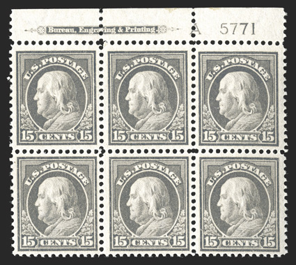 418, 15c Gray, incredibly fresh top margin imprint, letter A and plate no. 5771 block of six, exceptionally well centered, strong color and impression, unblemished o.g., n.h.,
perf. separations in the selvage only, extremely fine.