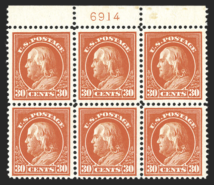 420, 30c Orange red, an eye-arresting to margin plate no. 6914 block of six, with gloriously rich color and a deeply etched impression on bright paper, post office fresh,
remarkably well centered, crisp and intact perforations, immaculate o.g.,