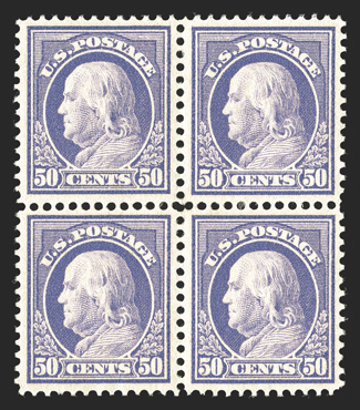 422, 50c Violet, double line watermark, mint block of four, excellent centering, deep rich color, o.g., bottom left stamp h.r., extremely fine.