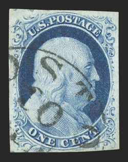 9, 1c Blue, Ty. IV, recut once at top and once at bottom, ample to mostly large margins all around, prooflike color and impression on white paper, neat Boston datestamp, choice
very fine.