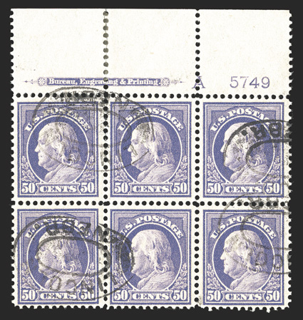 422, 50c Violet, double line watermark, a most remarkable used full top margin imprint, letter A and plate no. 5749 block of six, wonderfully well centered, deep rich color on
fresh white paper, double oval Lincoln, Nebr. cancels, some reinf