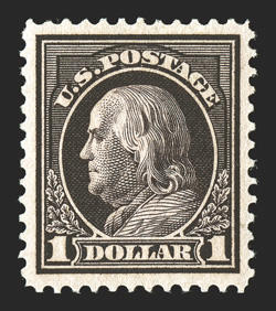 423, $1.00 Violet brown, choice mint single, flawlessly centered within large and beautifully balanced margins, intense color on fresh paper, o.g., very lightly hinged,
extremely fine an eye-catching gem 1997 PF certificate.