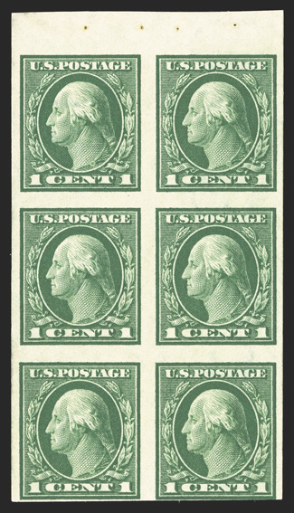 424e, 1c Green, booklet pane of six, imperforate, without gum as are all known examples of this rare booklet pane error, deep luxuriant color on crisp white paper, fresh and
very fine only 60 examples are thought to exist.