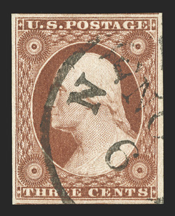 10A, 3c Orange brown, Ty. II, a wonderfully choice used example, possessing four uncommonly large margins, deep intense color and a superbly detailed impression, neat c.d.s.
cancel, an extremely fine gem 2010 PF certificate and a 2010 PSE certi