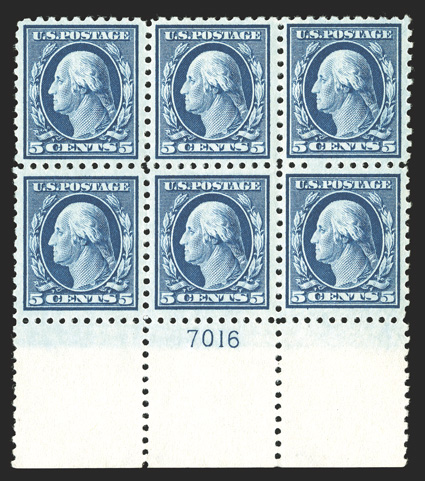 428, 5c Blue, premium quality wide bottom margin plate no. 7016 block of six, exceptionally well centered, prooflike color and impression on bright white paper, o.g, n.h.,
extremely fine and handsome.