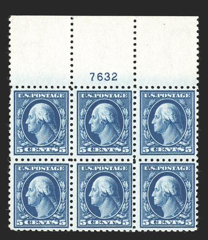 428, 5c Blue, attractive full top margin plate no. 7632 block of six, post office fresh, nicely centered, deep luxuriant color and strong impression, pristine o.g., n.h., very
fine.