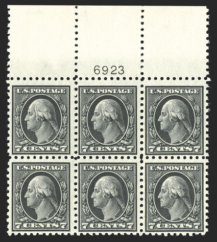 430, 7c Black, select example of this always difficult full top margin plate no. 6923 block of six, well centered when compared to others, rich color and detailed impression,
o.g., n.h., very fine 1999 PF certificate.