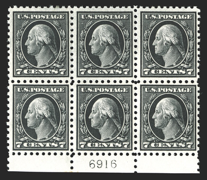 430, 7c Black, eye-catching bottom margin plate no. 6916 block of six, featuring striking intense color contrasted by bright white paper, plus it is incredibly well centered
for this perennially difficult plate block, o.g., very lightly hinged,