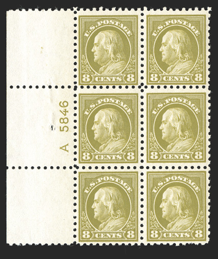 431, 8c Pale olive green, left margin letter A and plate no. 5846 block of six, rich luxuriant color on fresh paper, nicely centered, o.g., top left pair l.h. and the others
n.h., bottom right stamp with a nibbed perf., otherwise very fine.