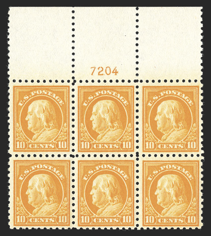 433, 10c Orange yellow, handsome and choice full top margin plate no. 7204 block of six, outstanding centering, radiant rich color on fresh paper, o.g., left and right stamps
n.h., extremely fine.