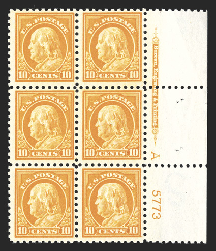 433, 10c Orange yellow, fresh right margin imprint, letter A and plate no. 5773 block of six, deep rich color, nicely centered for this, o.g., n.h., fine-very
fine.