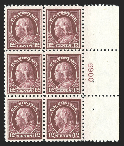 435, 12c Claret brown, right margin plate no. 6900 block of six, luxuriant color on fresh paper, o.g., bottom right pair l.h., the others n.h., fine-very fine.
