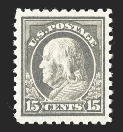 437, 15c Gray, incredibly well centered within lavishly large margins, full and even perforations, rich color, o.g., very lightly hinged, an extremely fine gem 1999 PF
certificate.