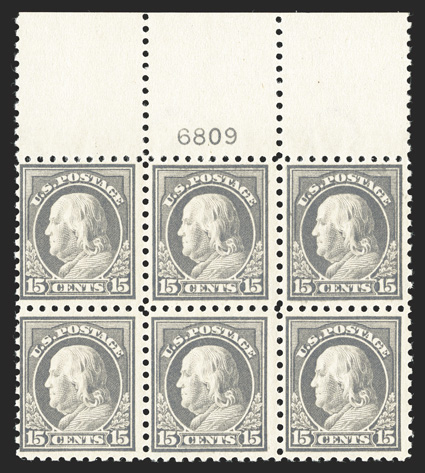 437, 15c Gray, fresh full top margin plate no. 6809 block of six, strong color and impression on bright paper, o.g., top center stamp l.h., the rest n.h., fine-very
fine.