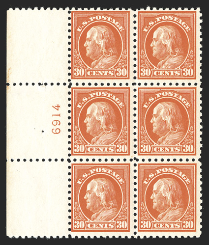 439, 30c Orange red, left margin plate no. 6914 block of six, particularly fresh, sumptuously rich color, o.g., center left stamp l.h., the rest n.h., fine and
scarce.