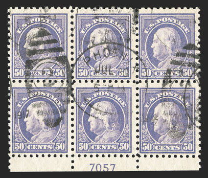 440, 50c Violet, an exceedingly rare used bottom margin plate no. 7057 block of six, surprisingly fresh and intact, neat 1917 Phoenix, Arizona duplex postmark, fine-very fine
an appealing alternative to the elusive mint plate block.