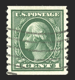 443, 1c Green flat plate coil, perf. 10 vert., a marvelously choice used single, not only being precisely centered within uncharacteristically large margins, but it also
features a lovely overall brilliance, light machine cancel, an extremely fi