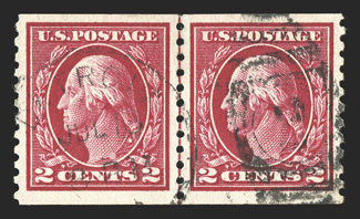 444, 2c Carmine flat plate coil, perf. 10 vert., used guide line pair, excellent centering, deep fiery color and a vivid impression, light duplex cancel used guide line pairs
in this select quality are terribly difficult to locate 2010 PSE c