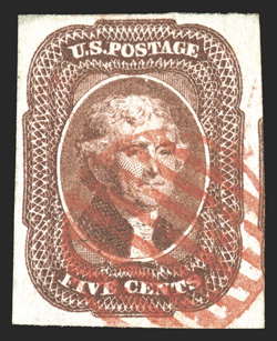 12, 5c Red brown, a most attractive used single, with large to huge margins all around including a portion of the adjoining stamp at right, brilliantly rich color and a crisp
detailed impression on especially fresh paper, lovely red grid can