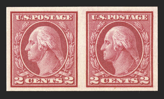 459, 2c Carmine imperforate coil, gem mint pair, choice margins and centering, brilliantly fresh, immaculate o.g., n.h., extremely fine.