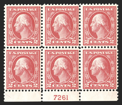 461, 2c Pale carmine red, bottom margin plate no. 7261 block of six, rich distinctive color, nicely centered for this, crisp and intact, o.g., top center stamp h.r., the others
all n.h., bottom stamps with natural gum skips, nearly very fine.