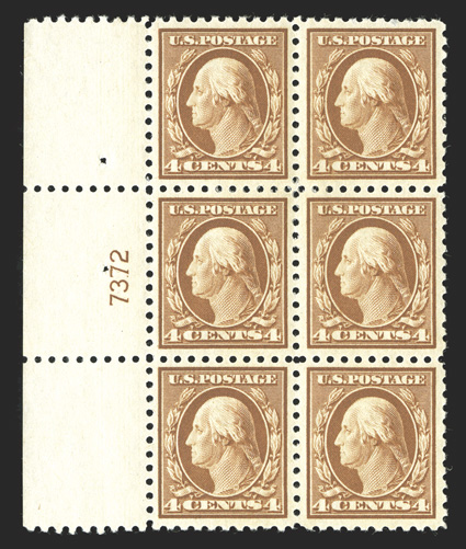 465, 4c Orange brown, eye-catching left margin plate no. 7372 block of six, incredibly well centered throughout, with each stamp being precisely centered amid large margins,
lovely bright color on crisp white paper, o.g., center pair h.r., top s