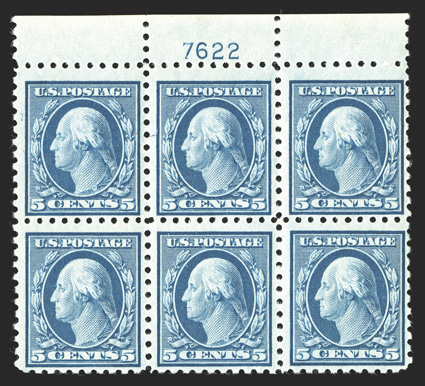 466, 5c Blue, top margin plate no. 7622 block of six, bright and fresh, o.g., hinged in the selvage only, the stamps all n.h., fine-very fine.