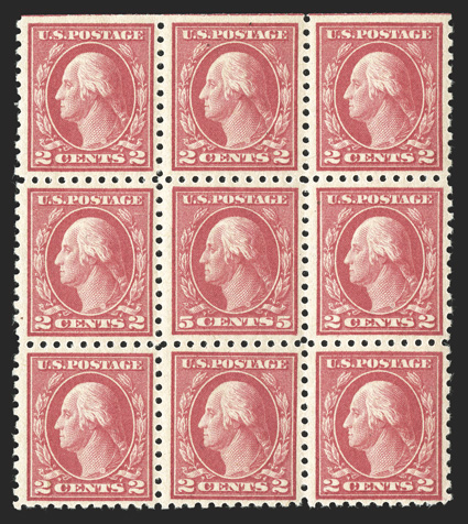 467, 5c Carmine error, single error at the center of a top margin mint block of nine, well centered, fresh and intact, o.g., top center and bottom center stamps l.h., the rest
including the error n.h., very fine.