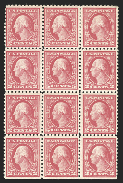 467, 5c Carmine error, double error at the center of a bottom margin mint block of twelve, o.g., four 2c stamps h.r., both errors n.h., top left stamp with thinned spot,
otherwise fine-very fine.