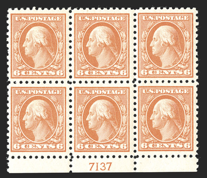 468, 6c Red orange, attractive bottom margin plate no. 7137 block of six, particularly well centered, bright and fresh, o.g., center stamps l.h. and the rest n.h., choice very
fine.