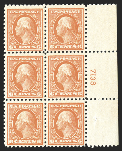 468, 6c Red orange, right margin plate no. 7138 block of six, uncommonly well centered, deep rich color on fresh paper, o.g., right center stamp l.h. and the others n.h., very
fine and attractive.