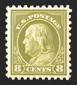 470, 8c Olive green, incredibly well centered within large margins, vivid rich color and deeply etched impression, post office fresh, o.g., n.h., extremely fine 2000 PF
certificate.