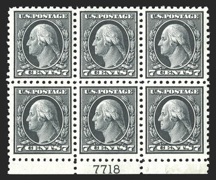 469, 7c Black, an incredibly choice bottom margin plate no. 7718 block of six of this always difficult value, being extraordinarily well centered and margined throughout, deep
rich color and a razor-sharp impression on fresh white paper, o.g., t