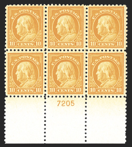 472, 10c Orange yellow, wide bottom margin plate no. 7205 block of six, wonderfully well centered throughout, intense color on bright white paper, o.g., top center stamp l.h.,
the others all n.h., bottom left stamp with a natural internal paper