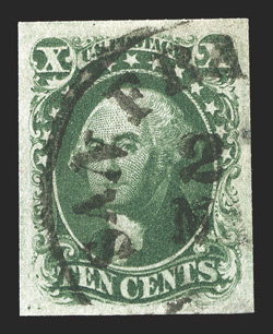 13, 10c Green, Ty. I, handsome used single, with four large and wonderfully well balanced margins, lovely rich color and a well defined impression, San Francisco c.d.s. cancel,
extremely fine 2002 and 2008 PF certificates, as well as a 2008 PSE