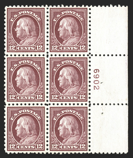 474, 12c Claret brown, right margin plate no. 6902 block of six, exceptionally well centered, rich color and sharp impression, hinged in the selvage only, the stamps all n.h.,
repaired tear and some reinforced perfs. in the selvage, otherwise ex