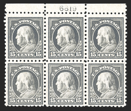 475, 15c Gray, top margin plate no. 6819 block of six, well centered for this scarce and difficult plate block, strong color and impression on fresh paper, o.g., l.h., three
stamps n.h., very fine.