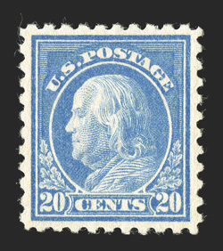 476, 20c Light ultramarine, incredibly well centered within equal margins, rich luxuriant color that is anything but light, full and even perforations, o.g., l.h., extremely
fine 2000 PF certificate.