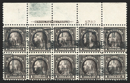 478, $1.00 Violet black, an amazing full top margin imprint, letter A and plate no. 5782 block of ten, wonderfully fresh and intact, boxed Newark, N.J. parcel cancels, some
soiling in the selvage only, still fine-very fine an excellent subs